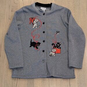 Vintage BLAIR Embroidered Cat Kitten Cardigan Sweater Gray Knit Grandmacore M